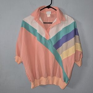 Vintage 80s Pink Striped Colorblock Centre Pointe Polo Shirt Size Medium Preppy